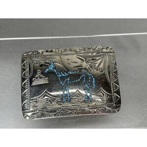 Horse Navajo Turquoise Coral Inlay Belt Buckle WCB Signed Vintage